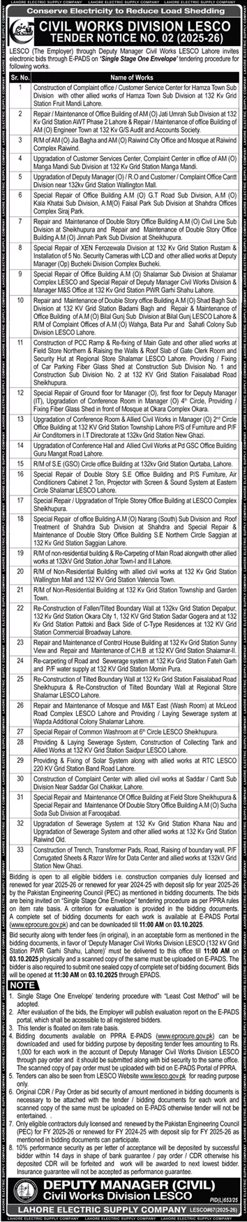 Lahore Electric Supply Company Tender Notice